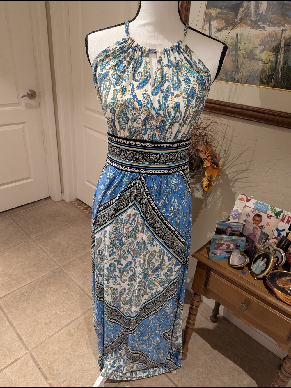 London Times Blue & White Paisley Halter Maxi Dress
